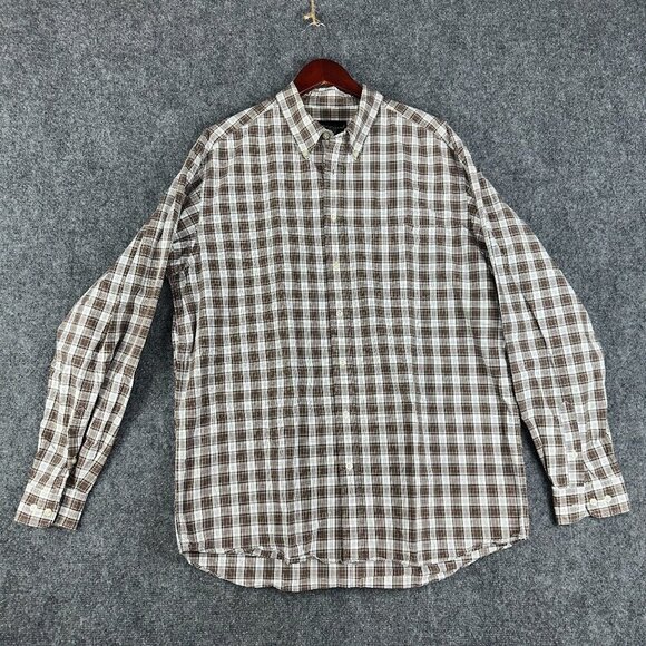 Eddie Bauer Shirt Mens Large Tall Brown White Plaid Cotton Pocket Button Down - Picture 1 of 9
